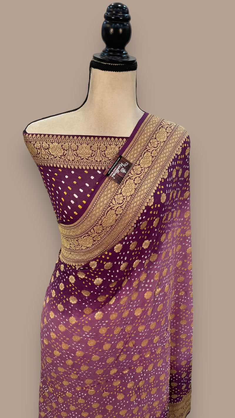 Dual Shade Pure Georgette Banarasi Bandhej Handloom Saree - The Handlooms