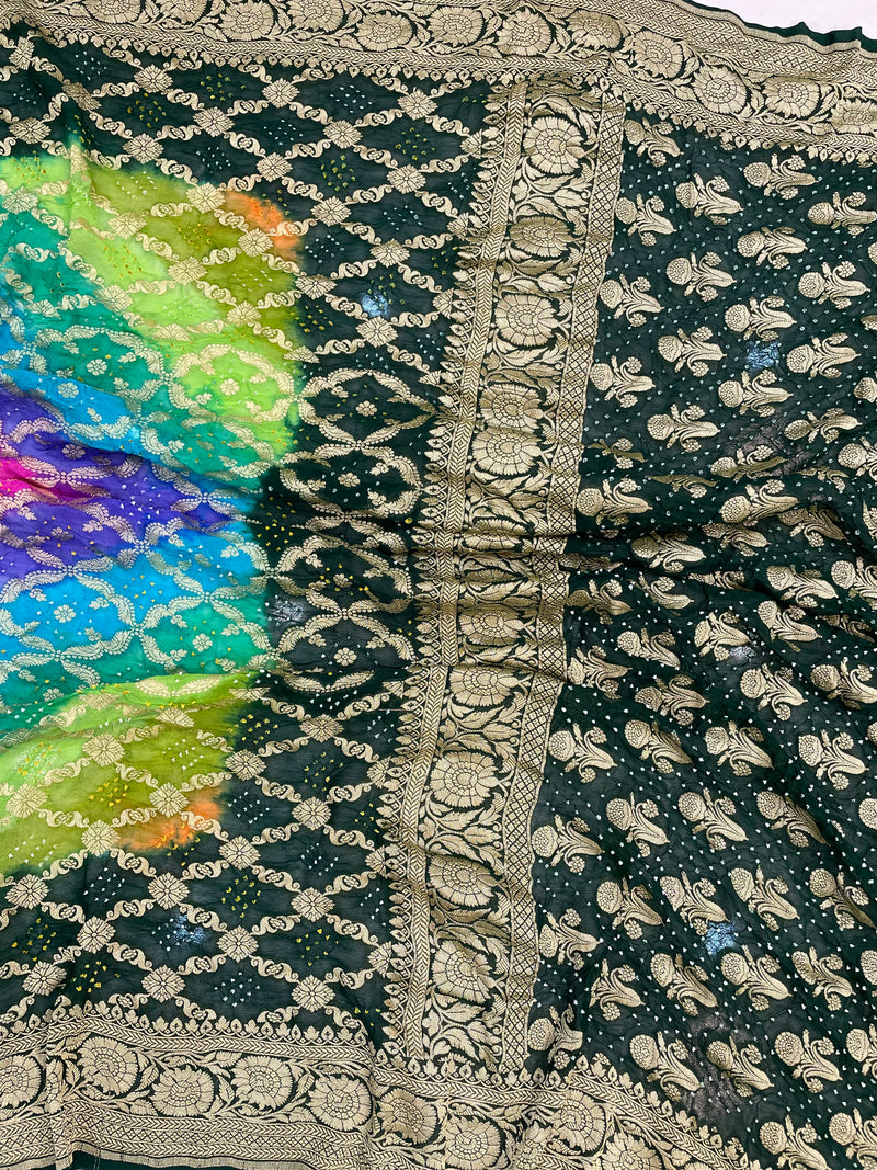 Pure Georgette Banarasi Bandhej Handloom Saree Multi shade - The Handlooms