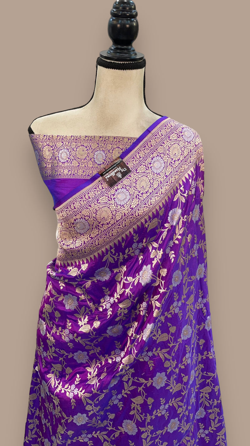 Purple Pure Katan Silk Banarasi Handloom Saree - All over Sona Roopa Jaal work - The Handlooms