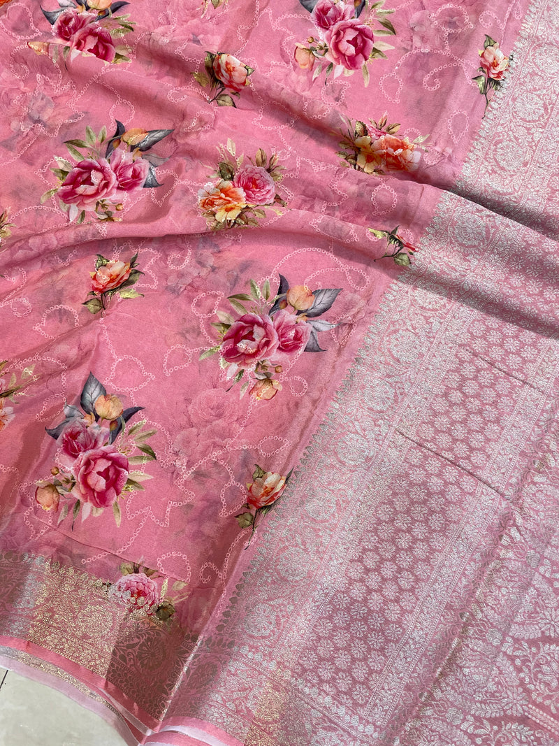 Pure Georgette  Digital Print with Chikankari Handloom Banarasi Saree - The Handlooms