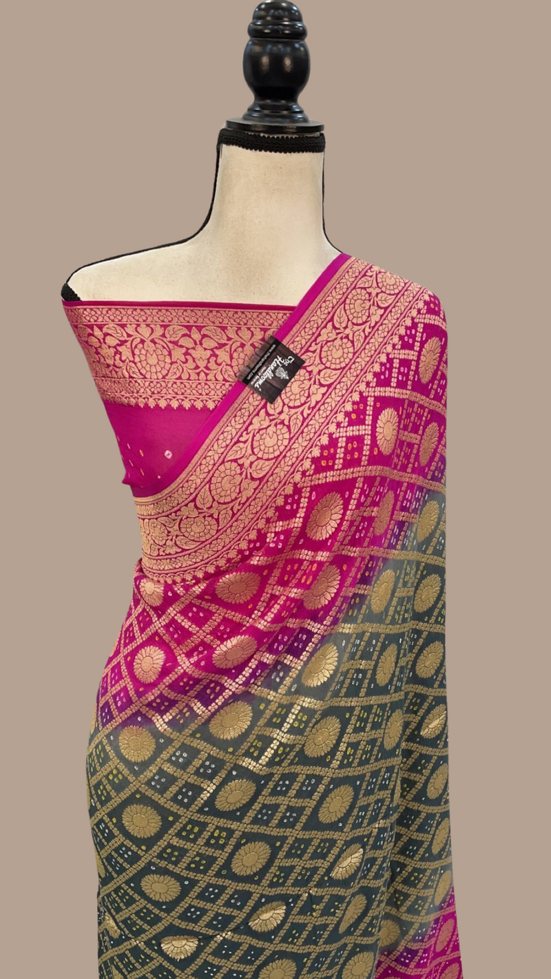 Pure Georgette Banarasi Bandhej Handloom Saree - The Handlooms