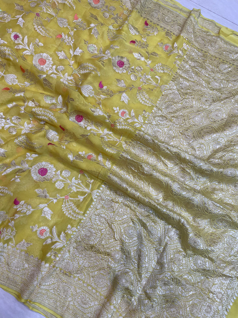 Pure Khaddi Georgette Handloom Banarasi Saree - All over Jaal Work with meenakari - The Handlooms