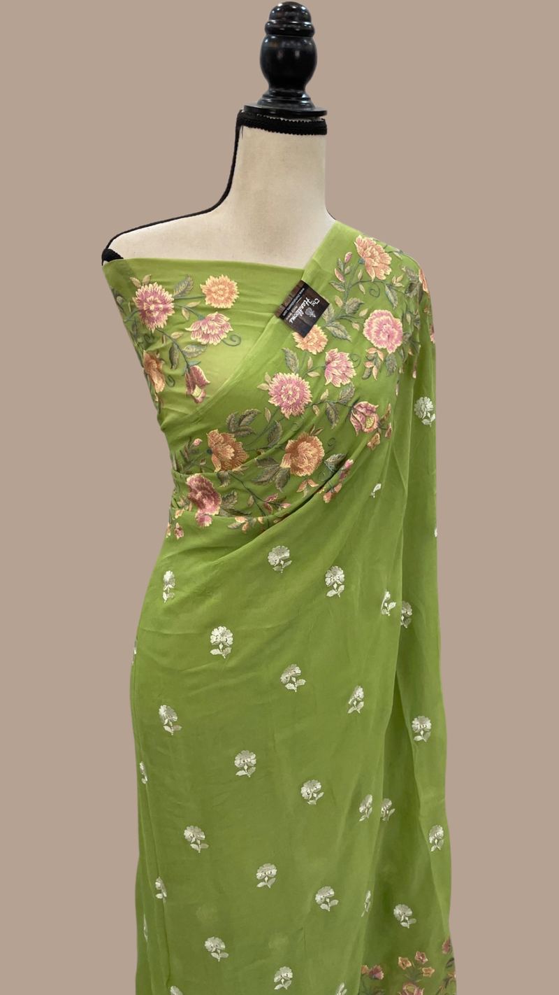Pure Georgette Chikankari Handloom Banarasi Saree - The Handlooms