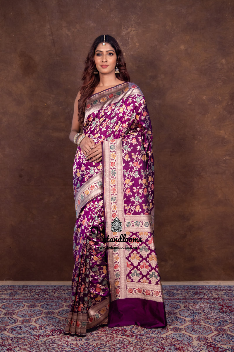 Pure Katan Silk Banarasi Handloom Saree - All over Jaal work with Meenakari - The Handlooms
