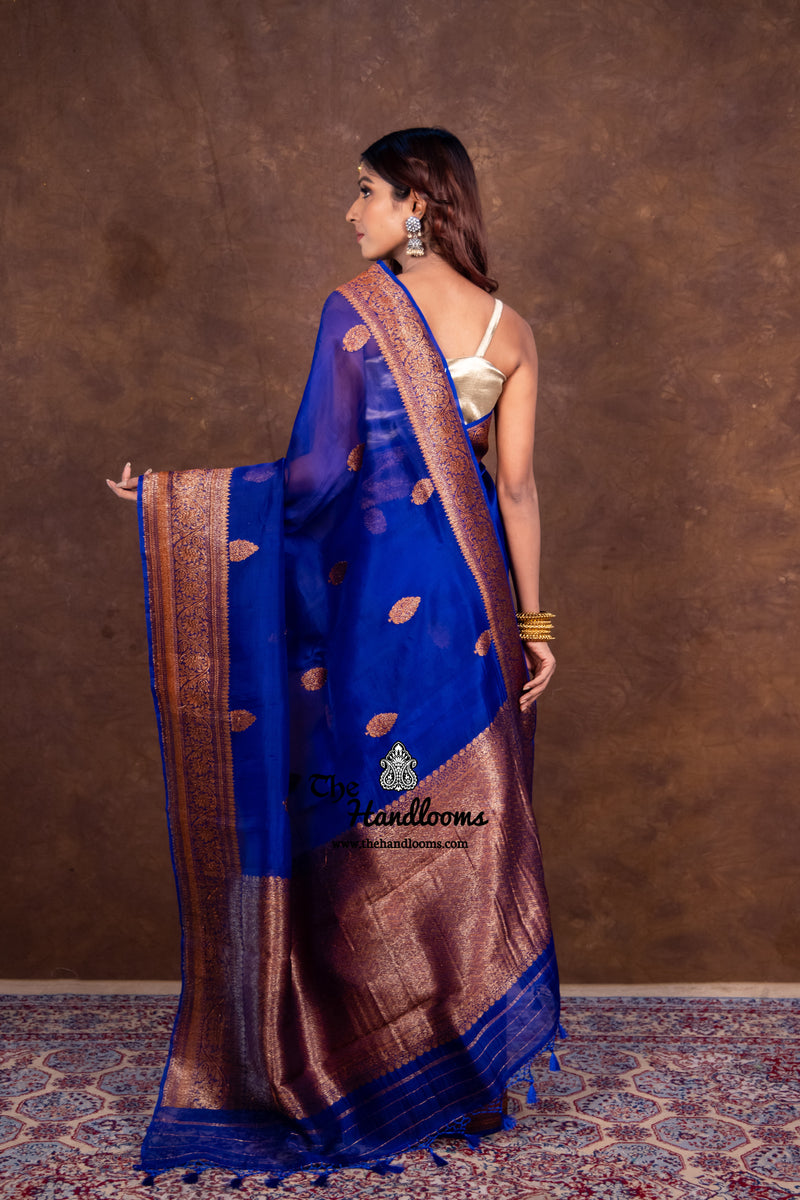 Blue Pure Kora Handloom Banarasi Saree - The Handlooms