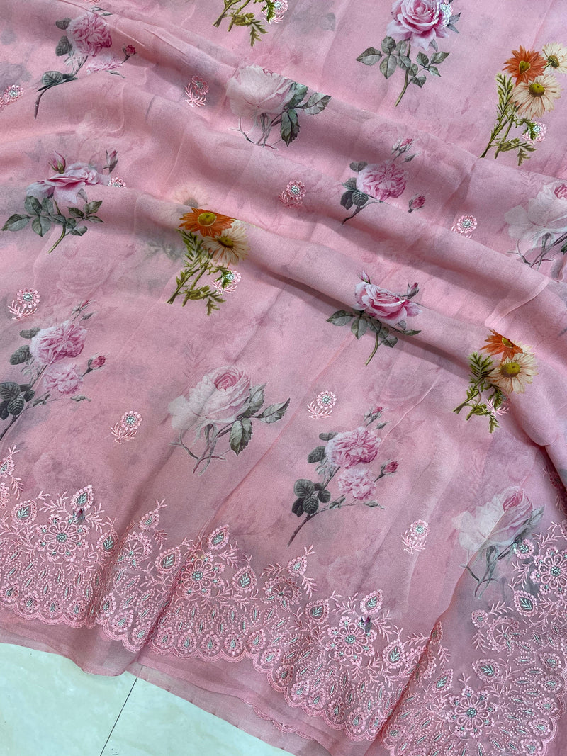 Pure Georgette  Digital Print with Chikankari Handloom Banarasi Saree - The Handlooms