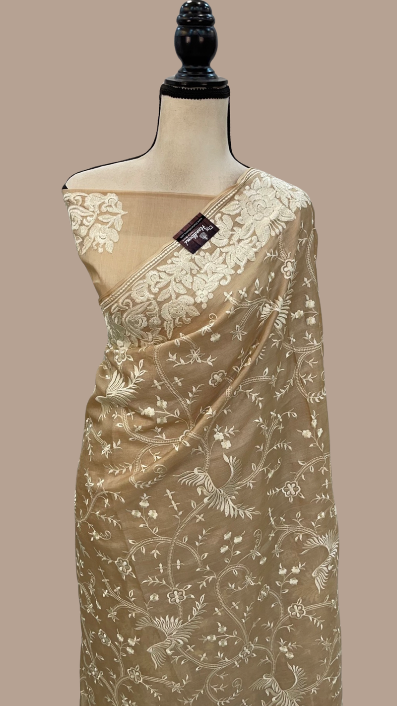 Tussar Silk Handloom Banarasi Saree With Chikankari - The Handlooms