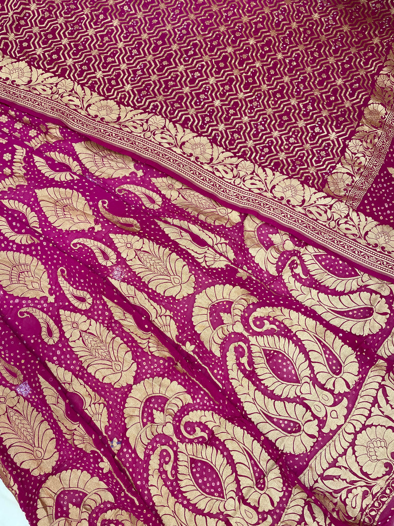 Pure Khaddi Georgette Bandhani Handloom Banarasi Lehenga - The Handlooms