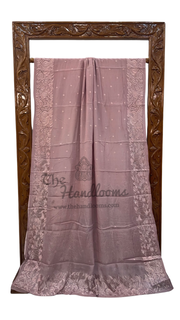 Onion Pink Pure Georgette Chikankari Handloom Banarasi Saree - The Handlooms