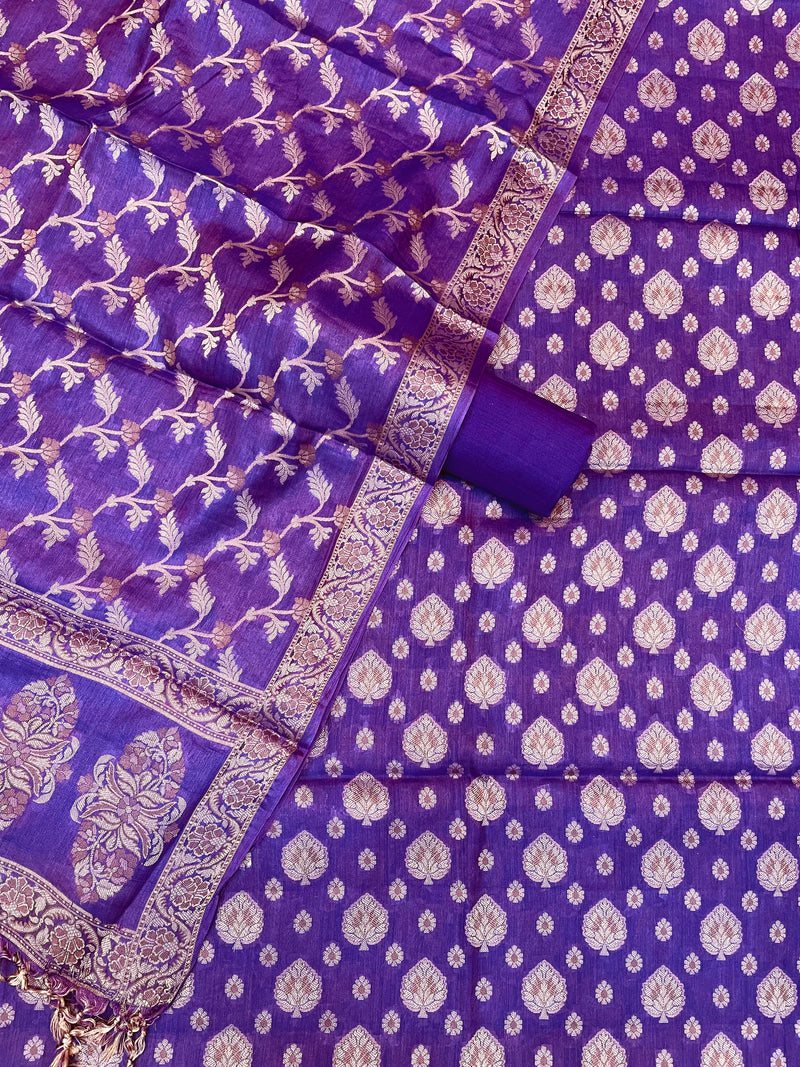 Purple Pure Butter Silk Banarasi Dress material - The Handlooms