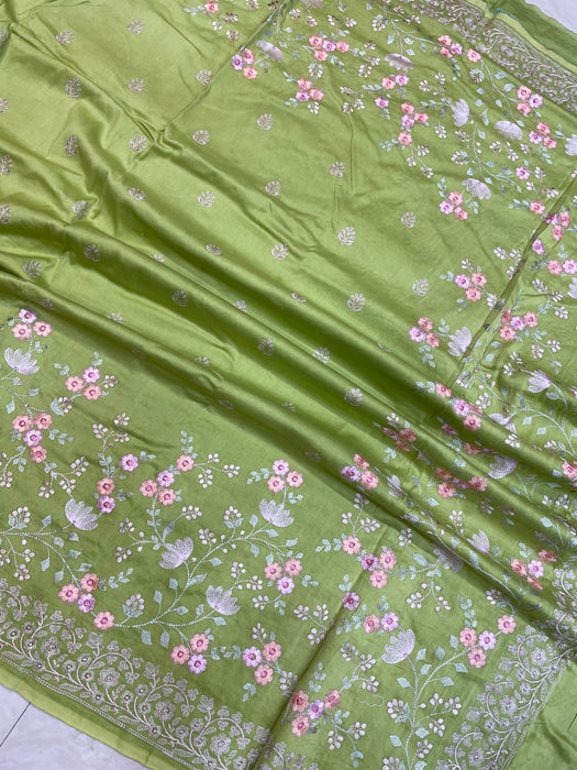 Pure Chiniya Silk Handloom Banarasi Saree With Chikankari - The Handlooms