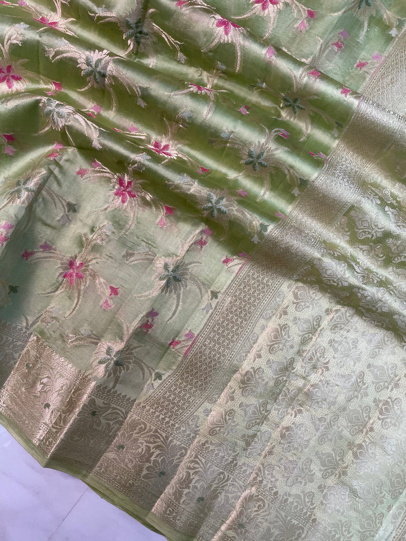 Pista Pure Dupion Silk Banarasi Saree - Gold Zari - The Handlooms