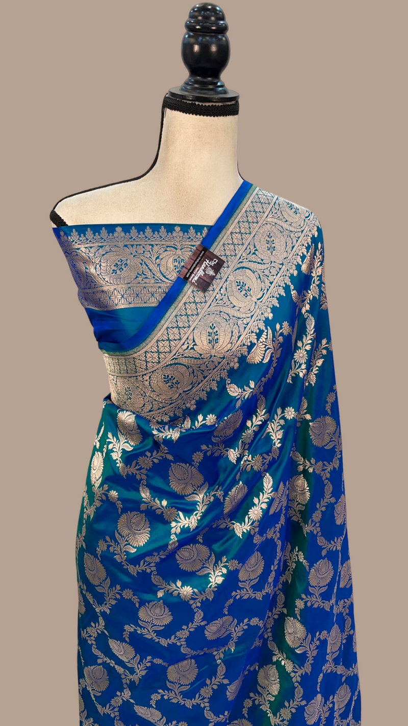 German Blue Pure Katan Silk Banarasi Handloom Saree - All over jaal work - The Handlooms