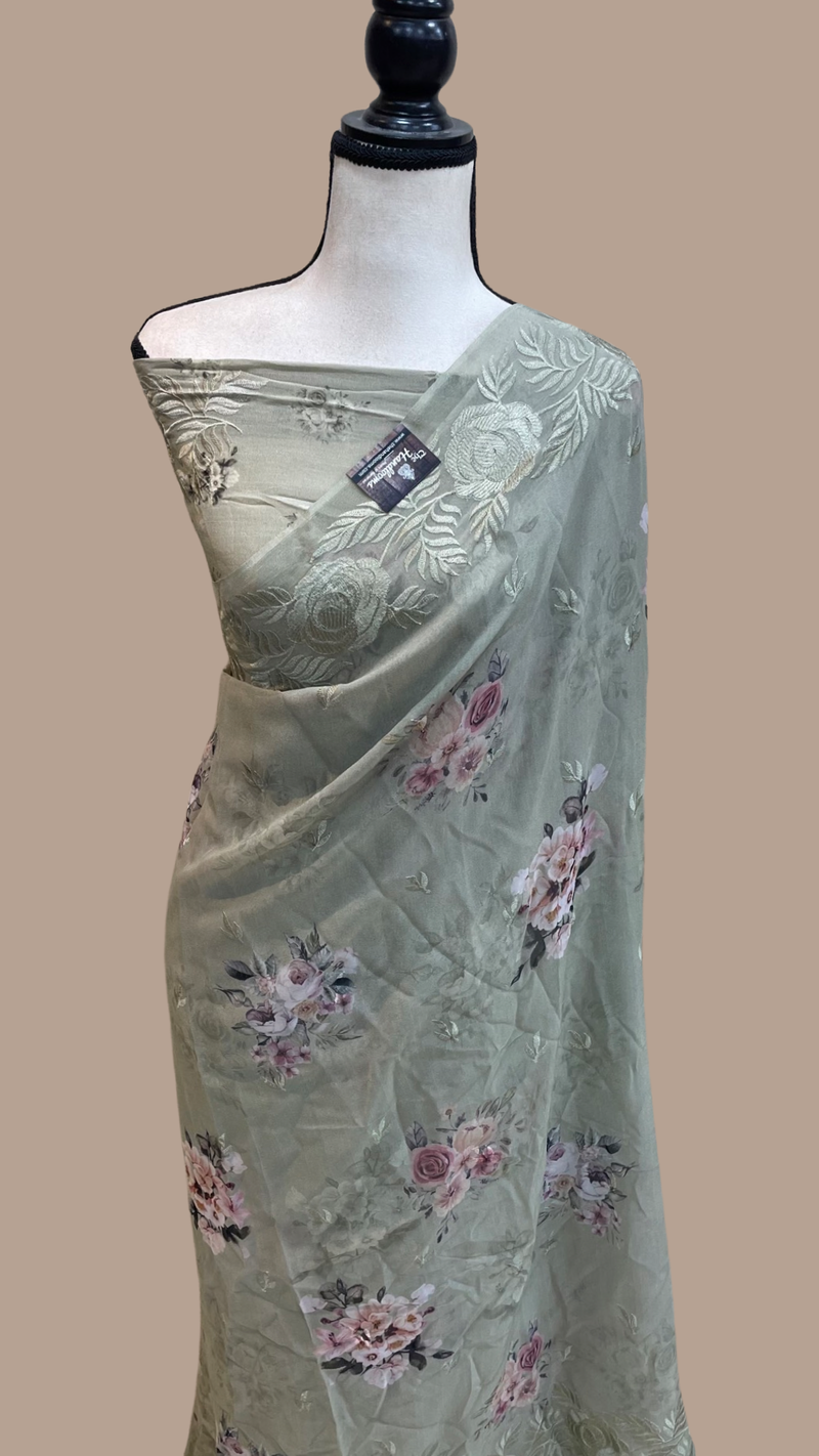 Pure Georgette  Digital Print with Chikankari Handloom Banarasi Saree - The Handlooms