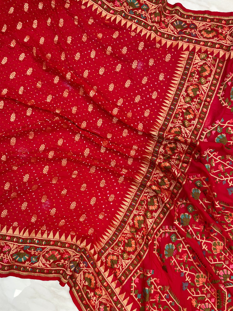 Pure Georgette Banarasi Bandhej Handloom Saree - with meenakari work - The Handlooms