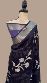 Navy Blue Pure Kora Handloom Banarasi Saree - The Handlooms