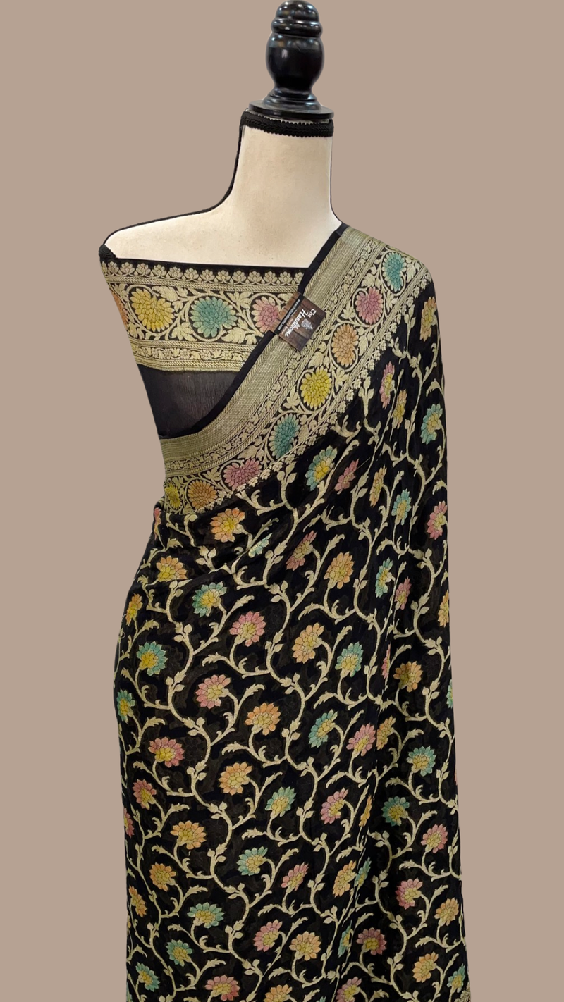 Black Pure Chiffon Khaddi Banarasi Saree - The Handlooms