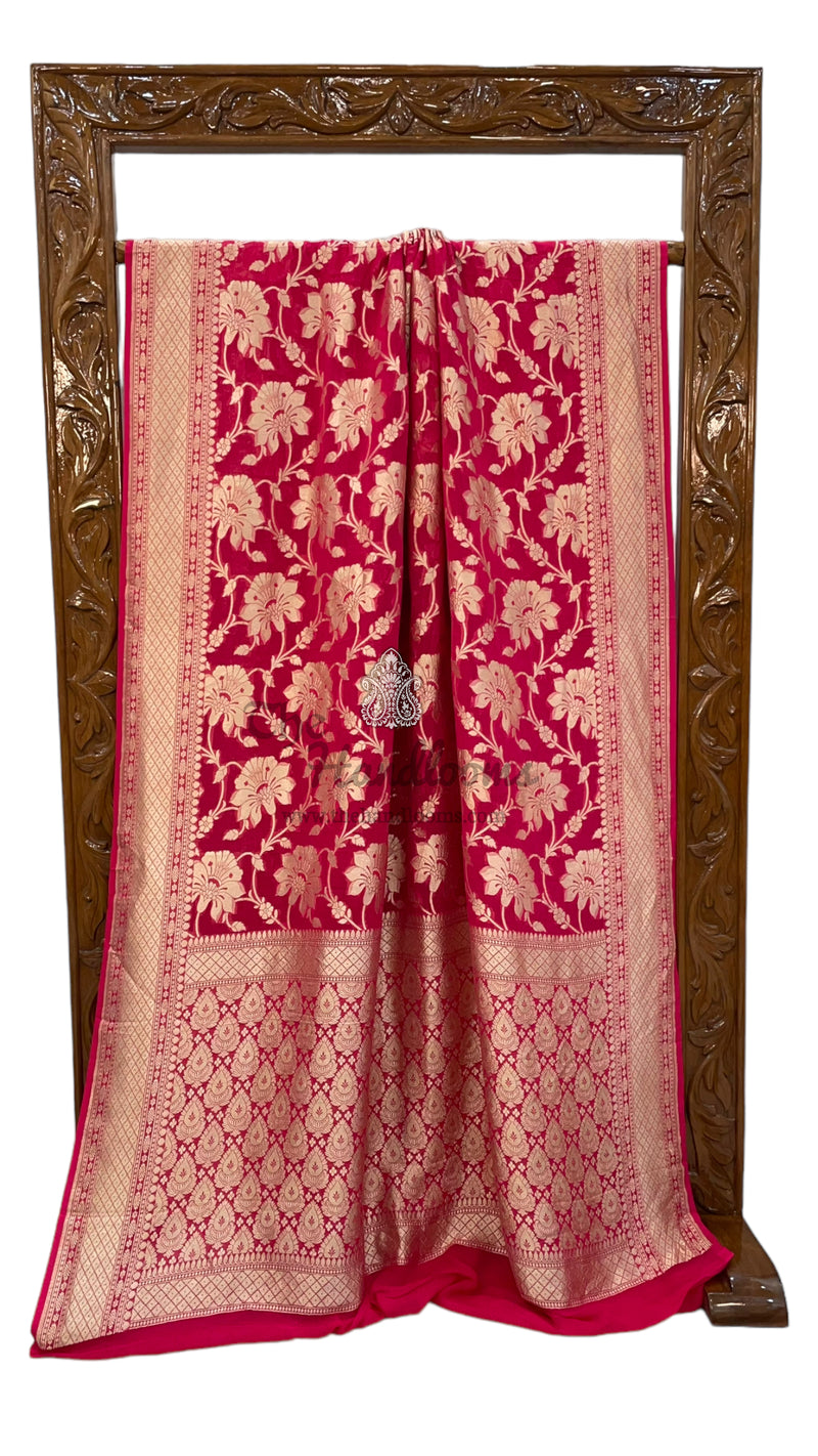 Hot Pink Pure Khaddi Georgette Handloom Banarasi Saree - The Handlooms