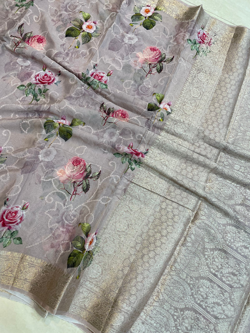 Pure Georgette  Digital Print with Chikankari Handloom Banarasi Saree - The Handlooms