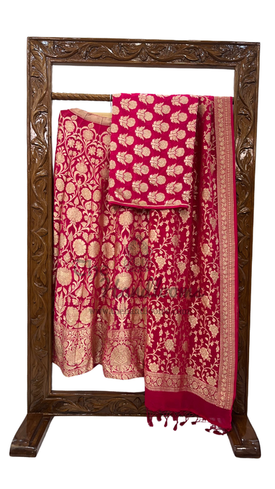 Pink Pure Khaddi Georgette Handloom Banarasi Lehenga - Stitched