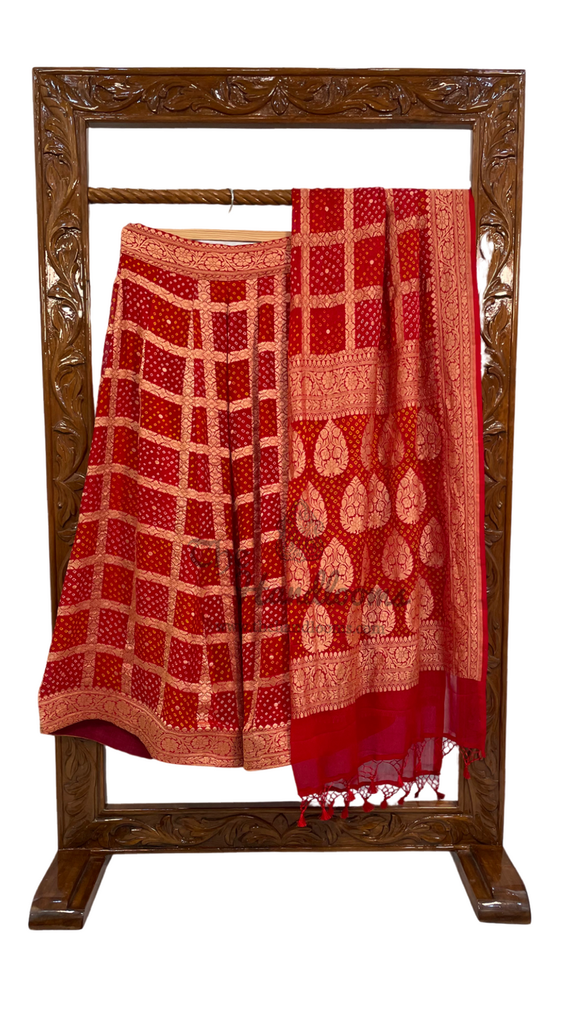 Pure Khaddi Georgette Bandhani Handloom Banarasi Lehenga - The Handlooms