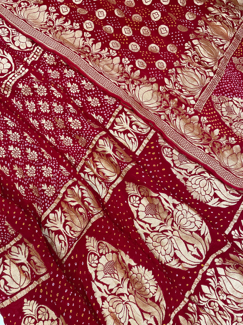 Pure Khaddi Georgette Bandhani Handloom Banarasi Lehenga - The Handlooms