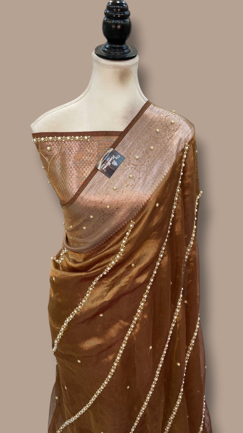 Pure Kora Tissue Silk Handloom Banarasi Saree - Handwork