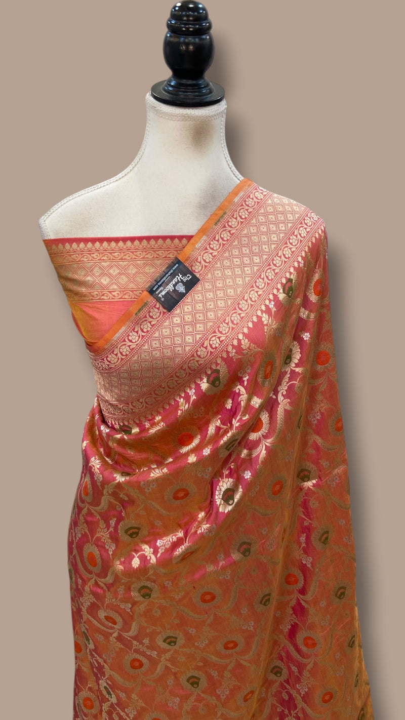 Pure Katan Silk Banarasi Handloom Saree - All Over Jaal Work With Meenakari