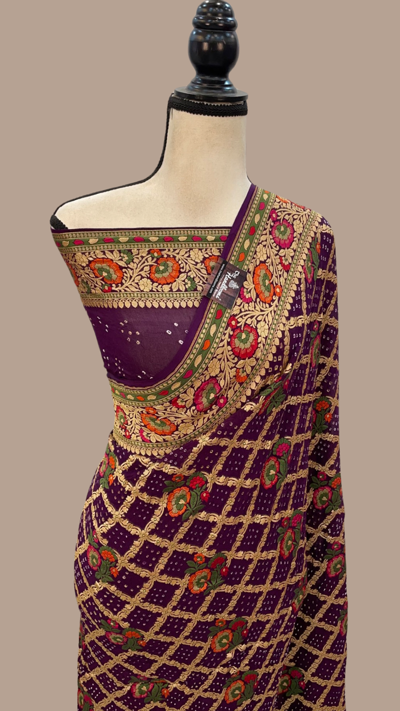 Pure Georgette Banarasi Bandhej Handloom Saree - with meenakari work - The Handlooms