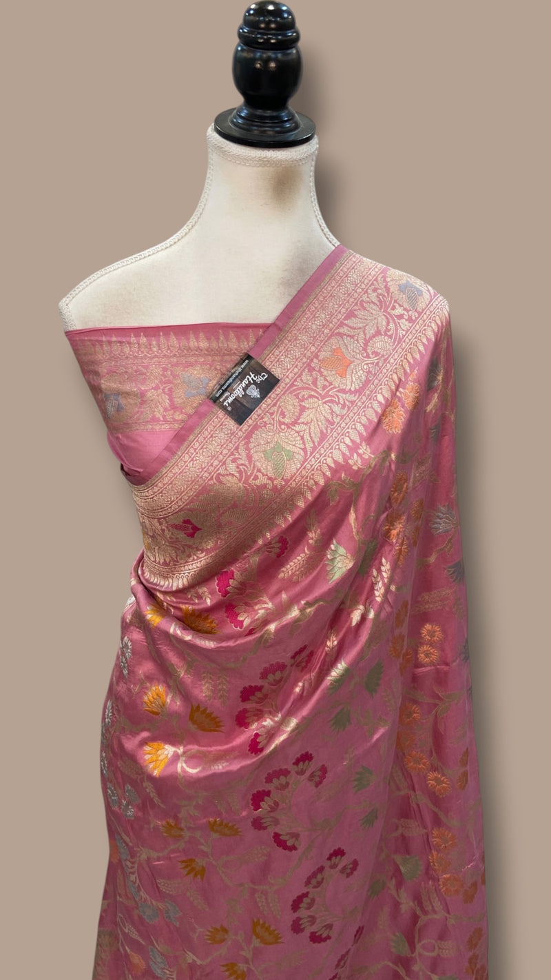 Pure Katan Silk Banarasi Handloom Saree - All Over Jaal Work With Meenakari