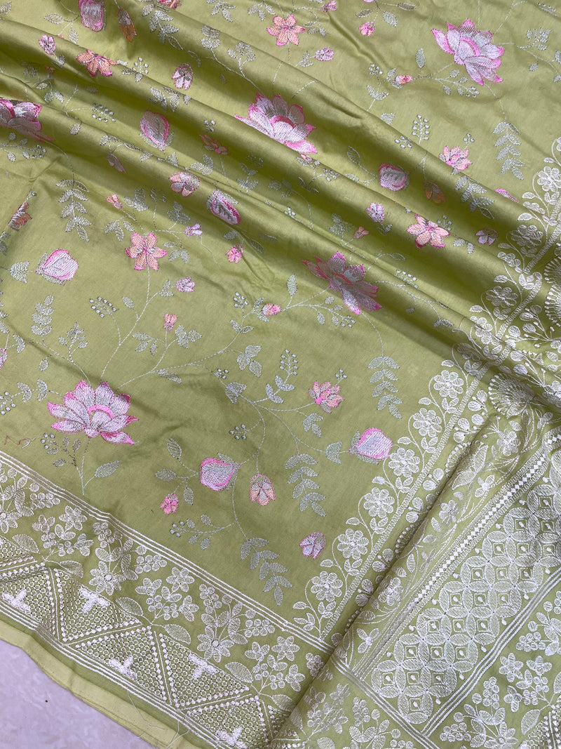 Pure Chiniya Silk Handloom Banarasi Saree With Chikankari - The Handlooms