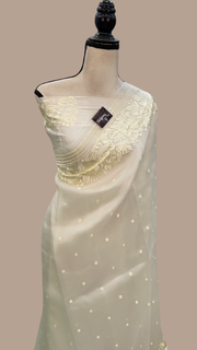 Off-white Pure Organza Chikankari Handloom Banarasi Saree - The Handlooms