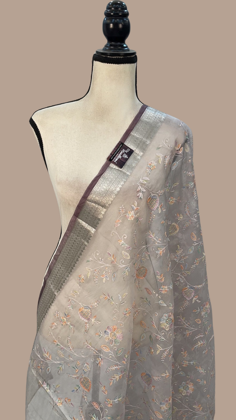 Pure Organza Handloom Banarasi dupatta With Chikankari And Digital Print - The Handlooms