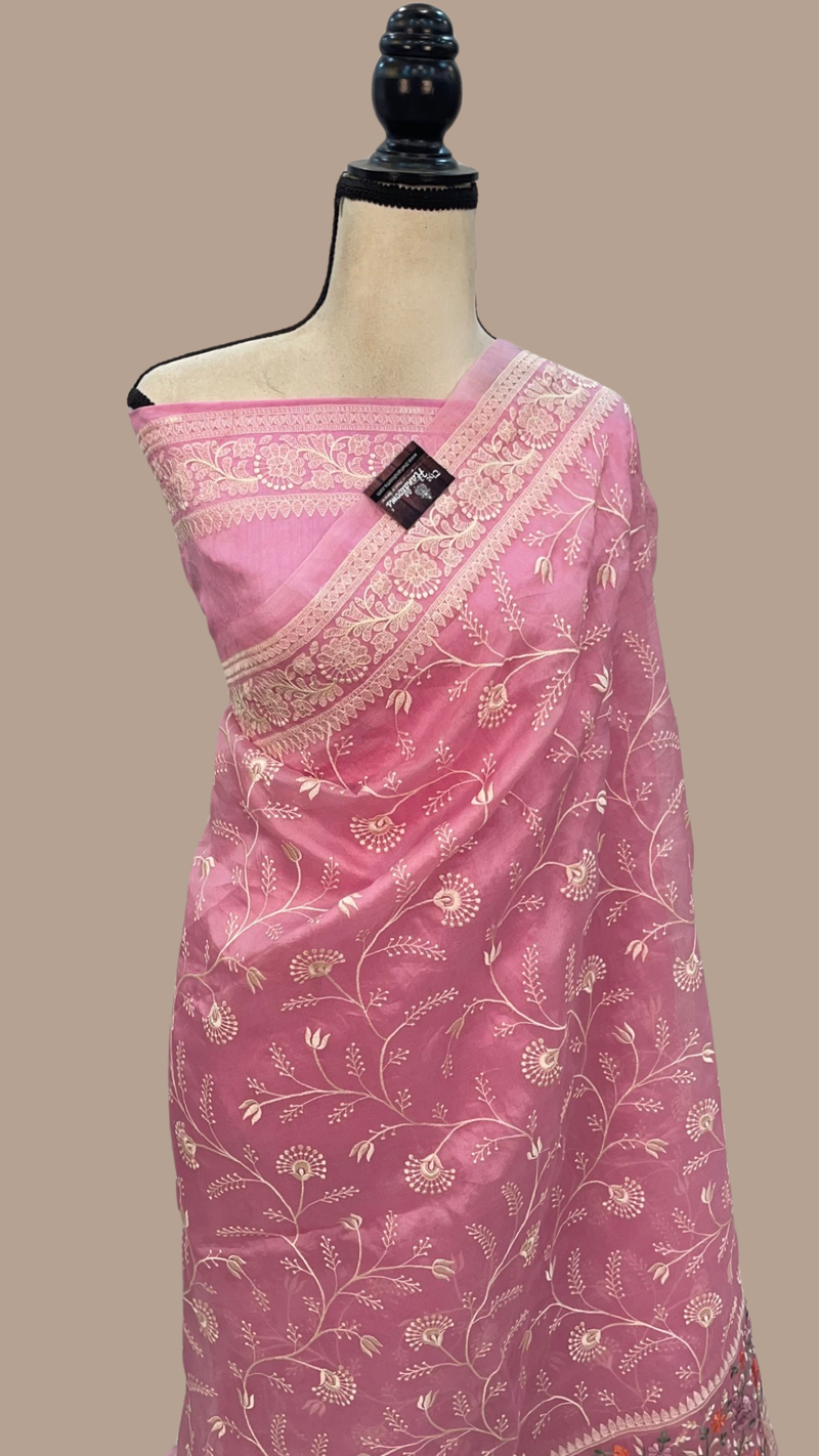 Pink Pure Organza Chikankari Handloom Banarasi Saree - The Handlooms