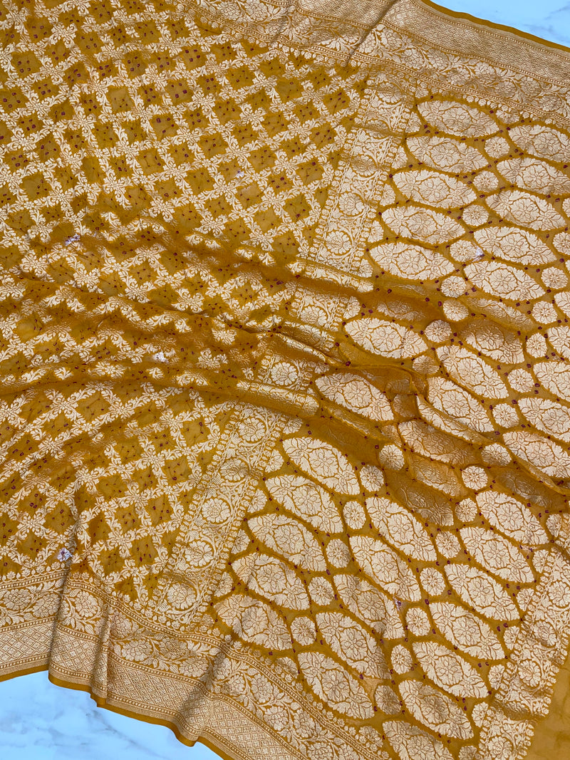 Pure Georgette Banarasi Bandhej Handloom Saree - The Handlooms