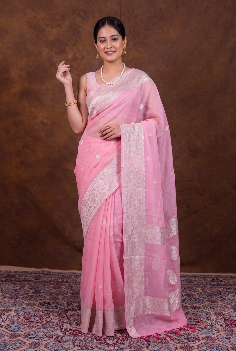 Pink Pure Georgette Handloom Banarasi Saree - Silver Zari