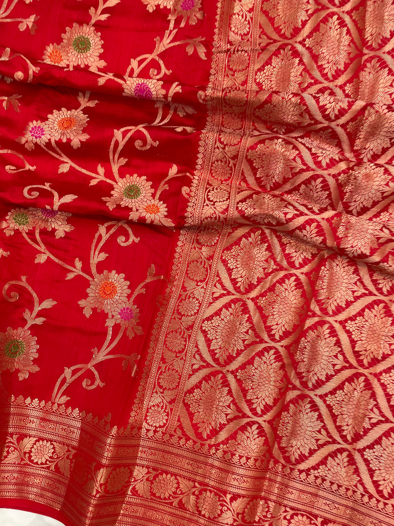 Red Pure Dupion Silk Banarasi Saree - The Handlooms