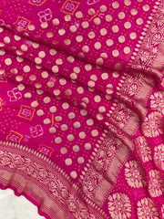 Hot Pink Pure Georgette Banarasi Bandhej Handloom Saree - The Handlooms