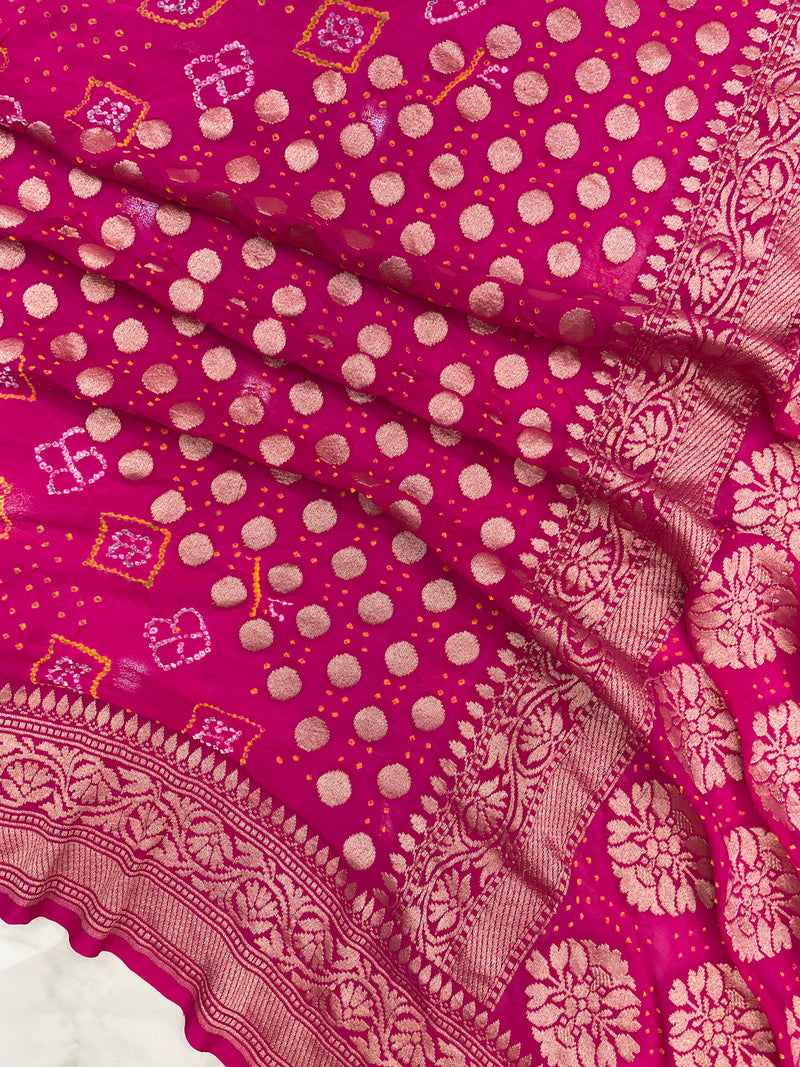 Hot Pink Pure Georgette Banarasi Bandhej Handloom Saree - The Handlooms