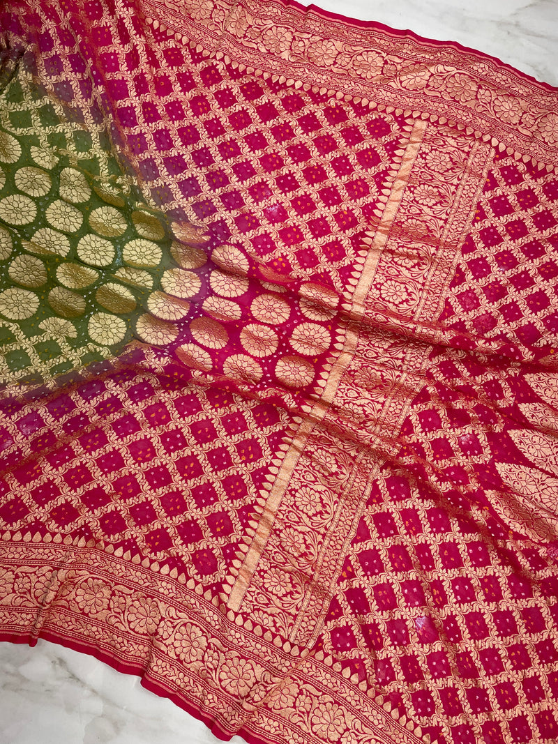 Dual Shade Pure Georgette Banarasi Bandhej Handloom Saree - The Handlooms