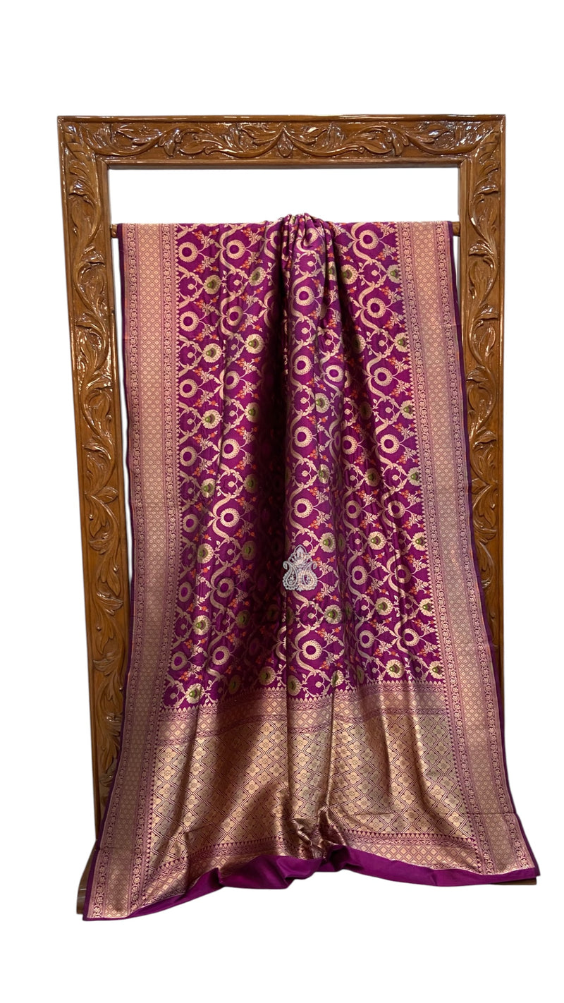 Pure Katan Silk Banarasi Handloom Saree - All Over Jaal Work With Meenakari
