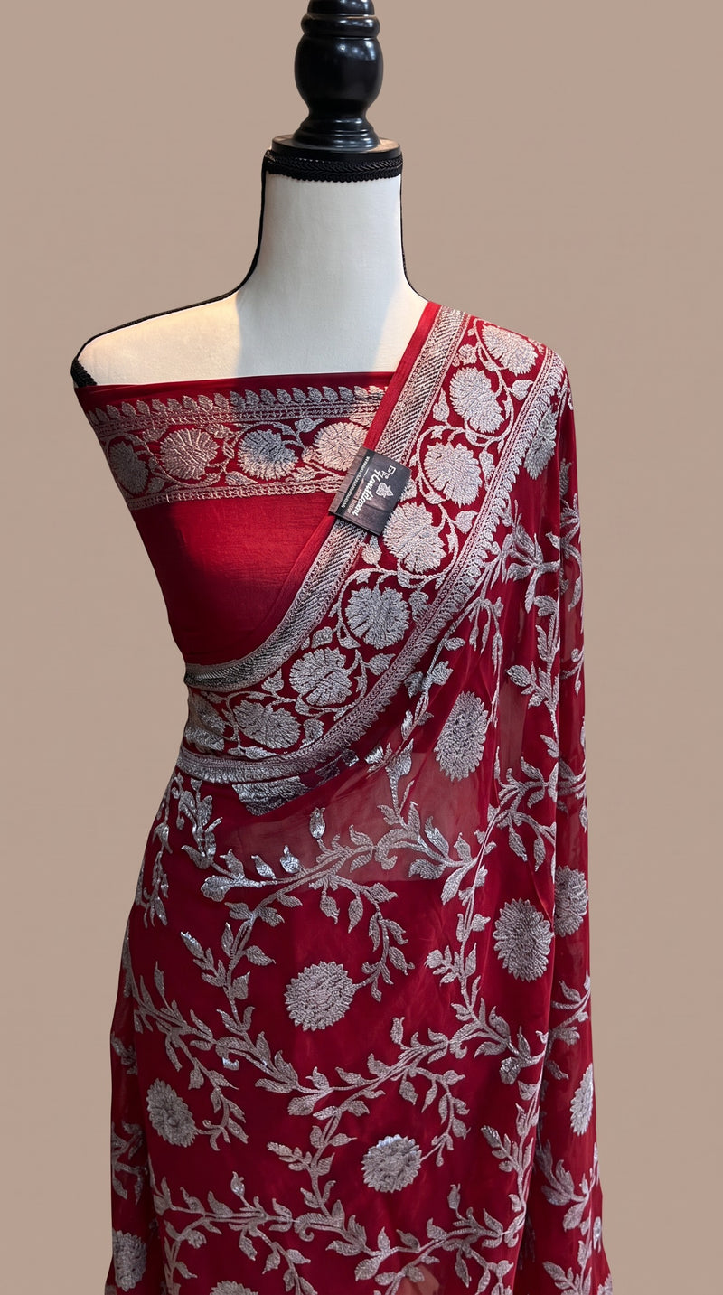 Maroon Pure Khaddi Georgette Banarasi Saree - Black zari