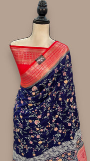 Pure Chiniya Silk Handloom Banarasi Saree with Chikankari - The Handlooms