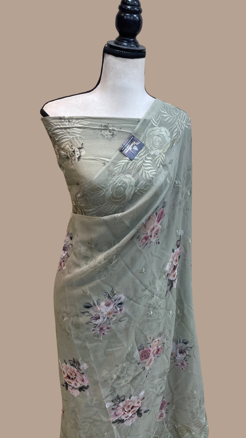 Pure Georgette  Digital Print with Chikankari Handloom Banarasi Saree - The Handlooms