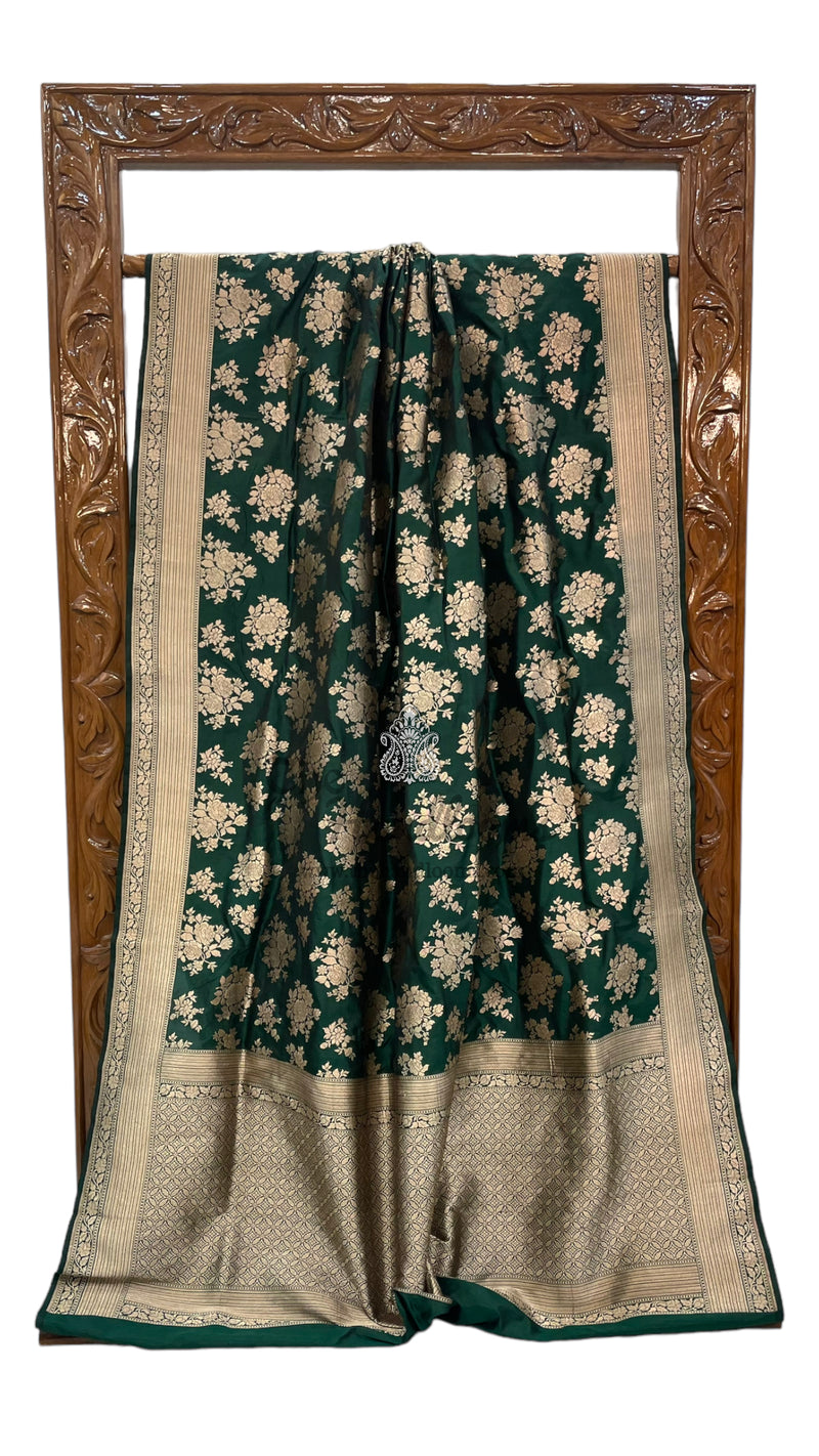 Green Pure Katan Silk Banarasi Handloom Saree - All over jaal work - The Handlooms