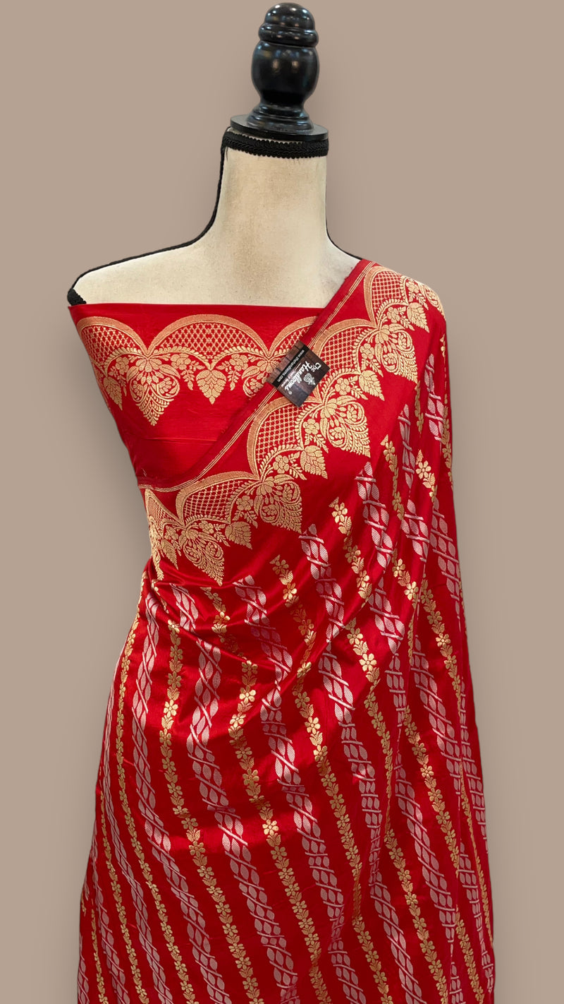 Pure Katan Silk Banarasi Handloom Saree - All over soona roopa  Kadua  stripe - The Handlooms