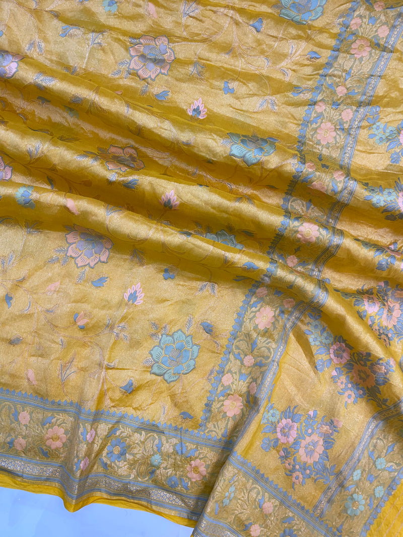 Yellow Pure Tussar Georgette Brocade Handloom Banarasi Saree - The Handlooms