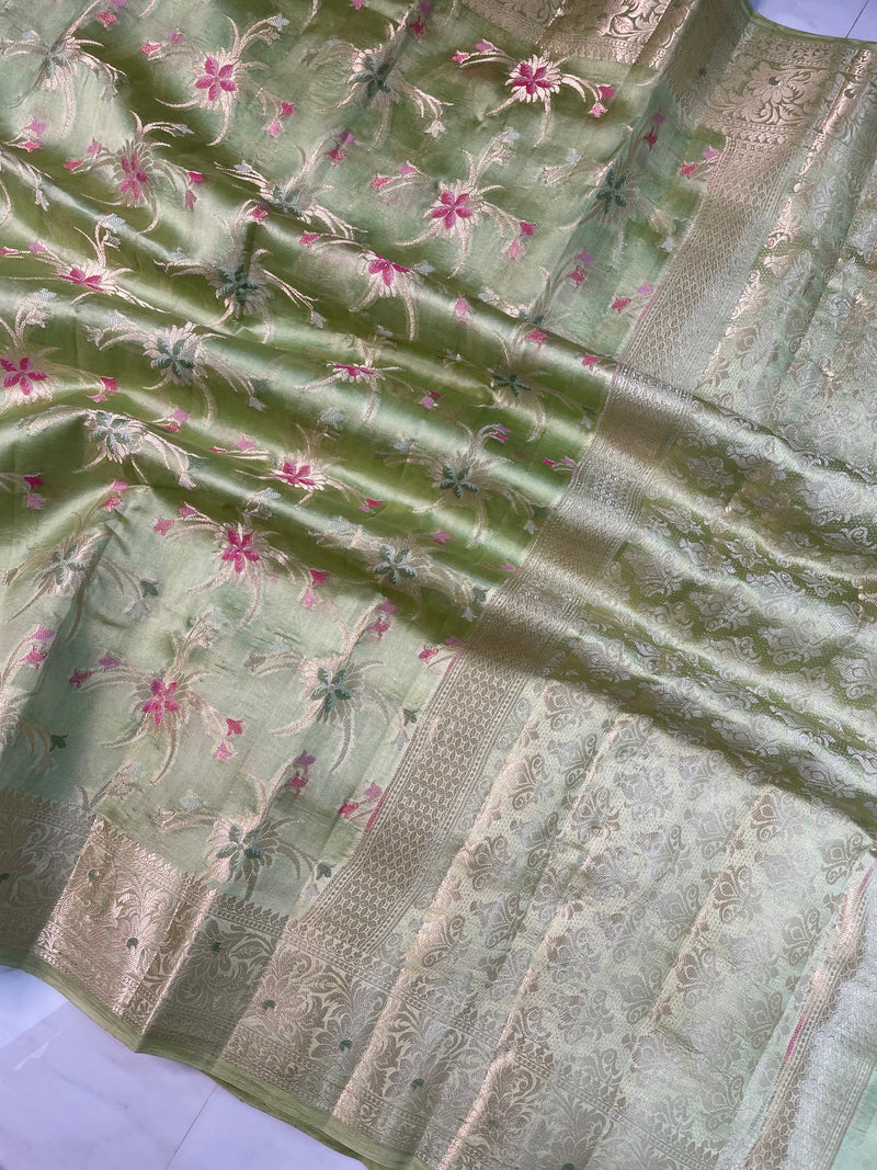 Pista Pure Dupion Silk Banarasi Saree - Gold Zari - The Handlooms