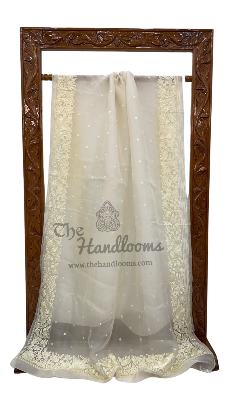 Off-white Pure Organza Chikankari Handloom Banarasi Saree - The Handlooms