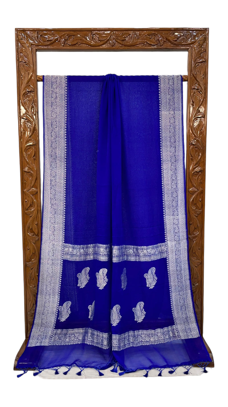 Royal Blue Pure Georgette Banarasi Handloom Saree - The Handlooms